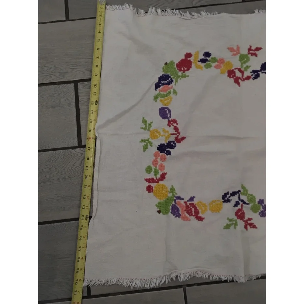 Vintage Hand Embroidered Floral Fruit White Square Tablecloth Fringed 31x33